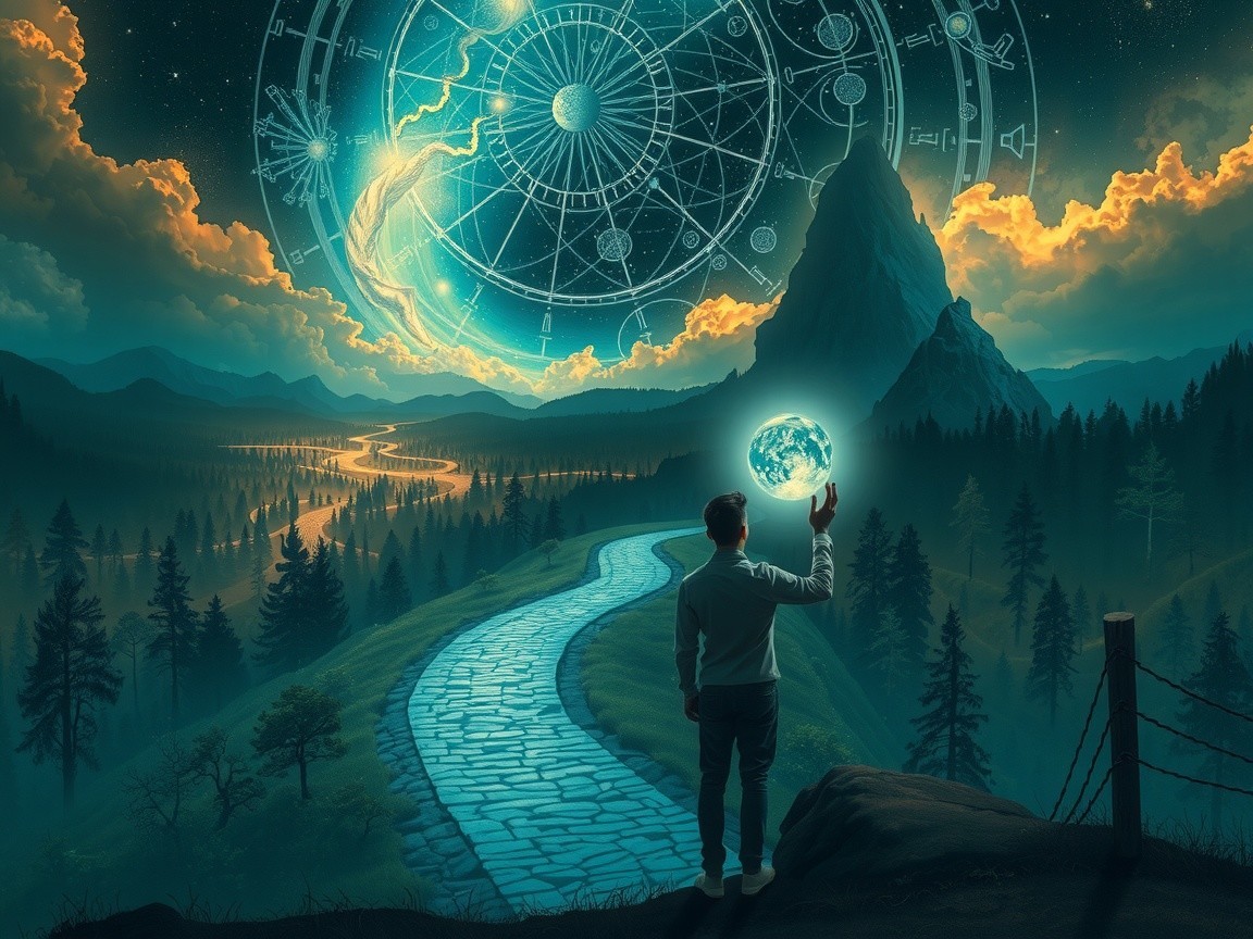 Figure on Winding Path with Glowing Earth Orb