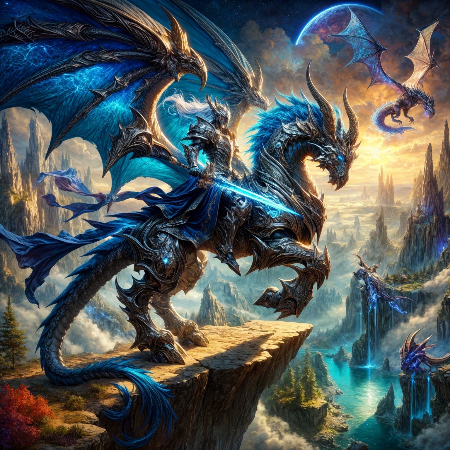 Knight on Dragon in Mystical Landscape at Sunset