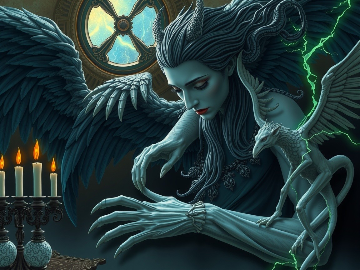 Mysterious Figure with Dark Wings in Dimly Lit Room