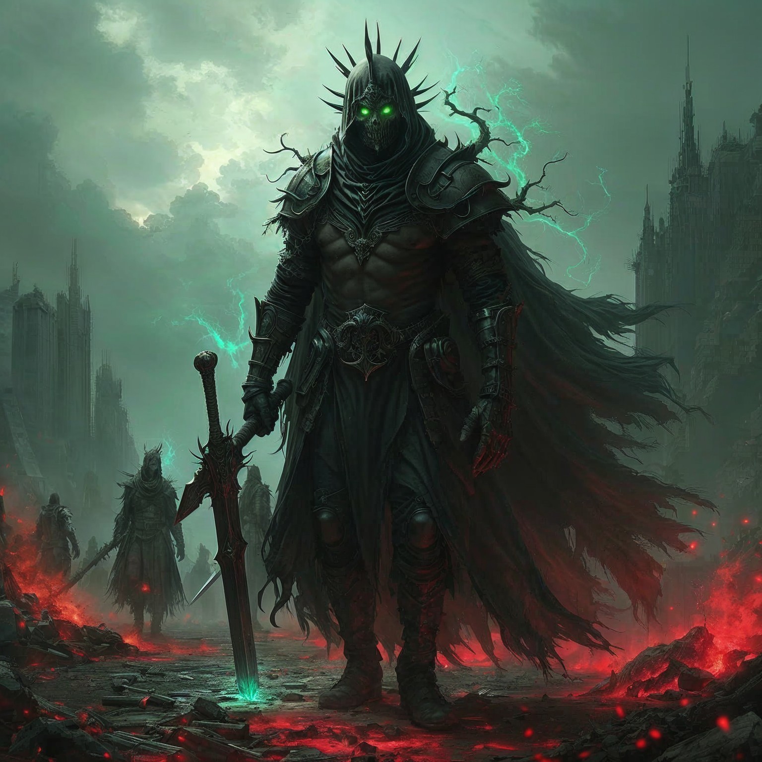 Armored Figure in Dark Landscape with Green Glow