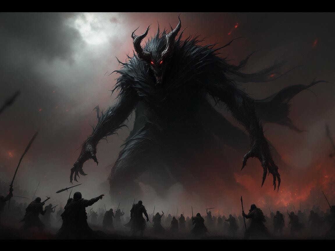 Massive Dark Figure Overlooks Battlefield with Warriors