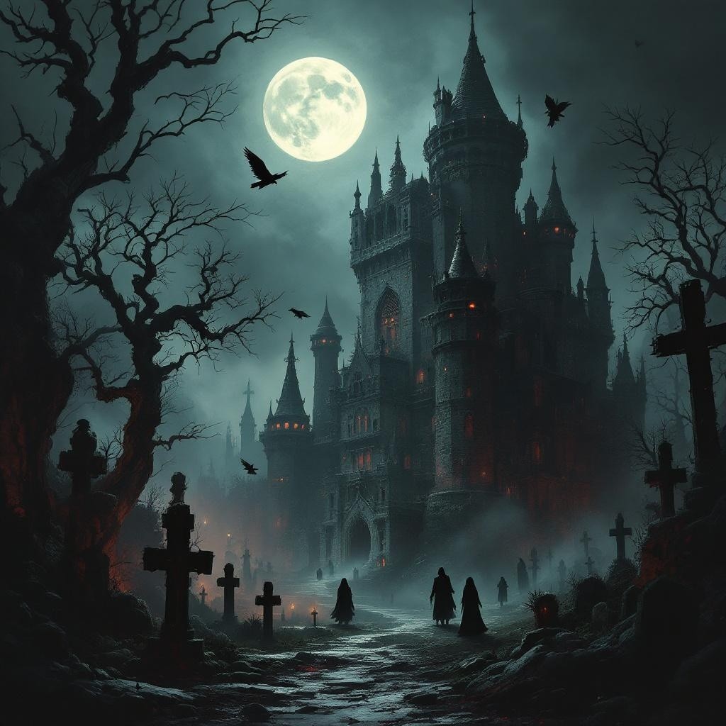 Dark Landscape with Ominous Castle and Shadows
