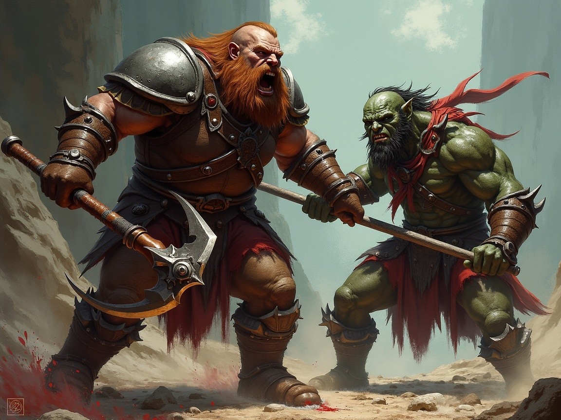 Warrior and Orc Confrontation in Rocky Landscape