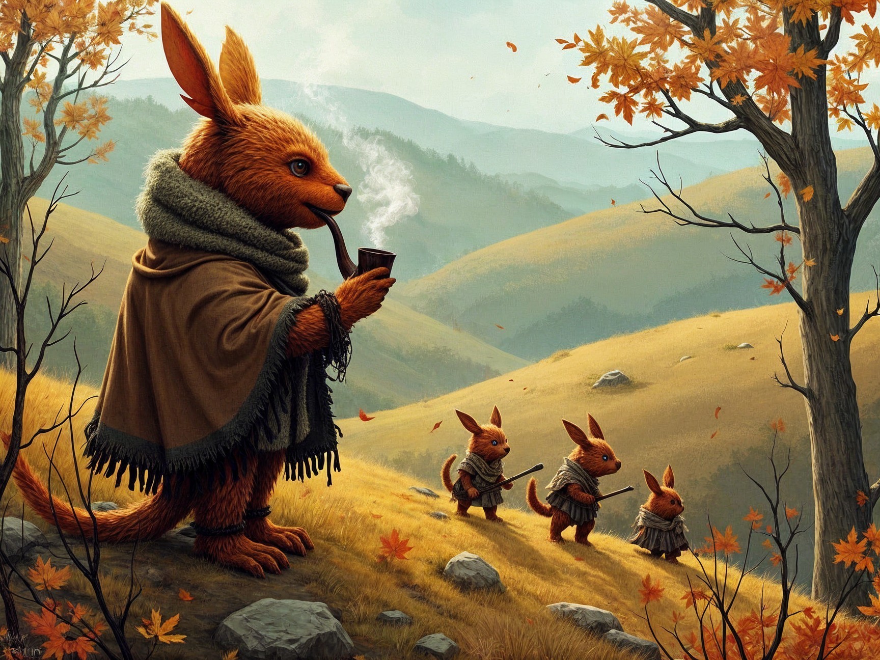 Autumn Landscape with Furry Creatures in Cloaks
