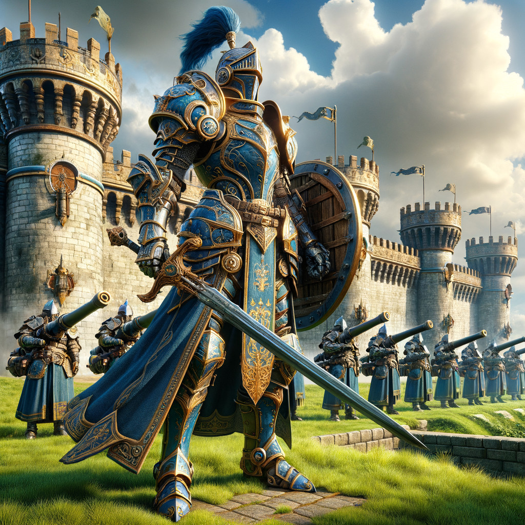 Knight in Blue and Gold Armor Before Castle and Soldiers