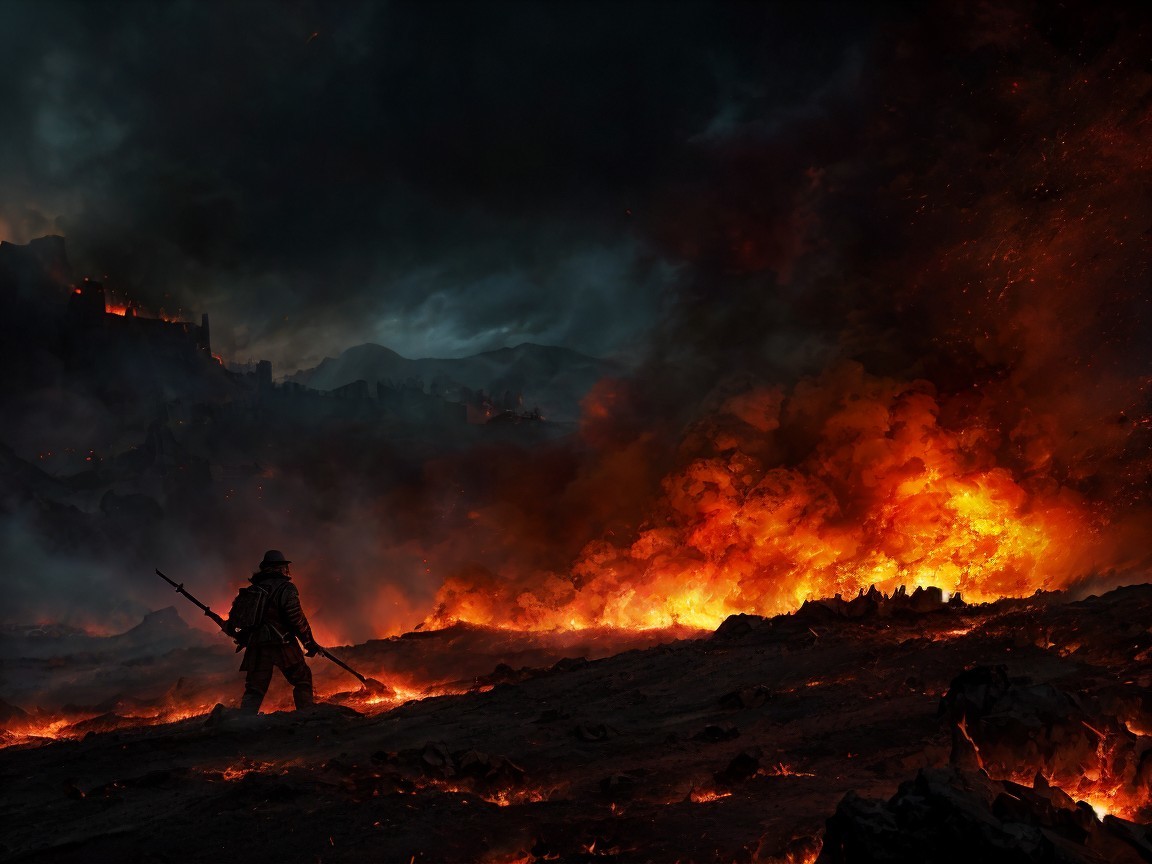 Solitary figure in a fiery, chaotic landscape