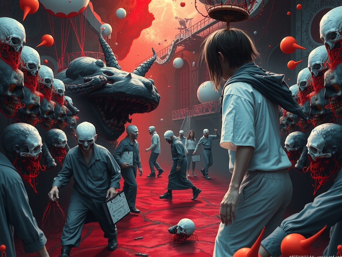Surreal Scene with Eerie Figures and a Dragon Creature