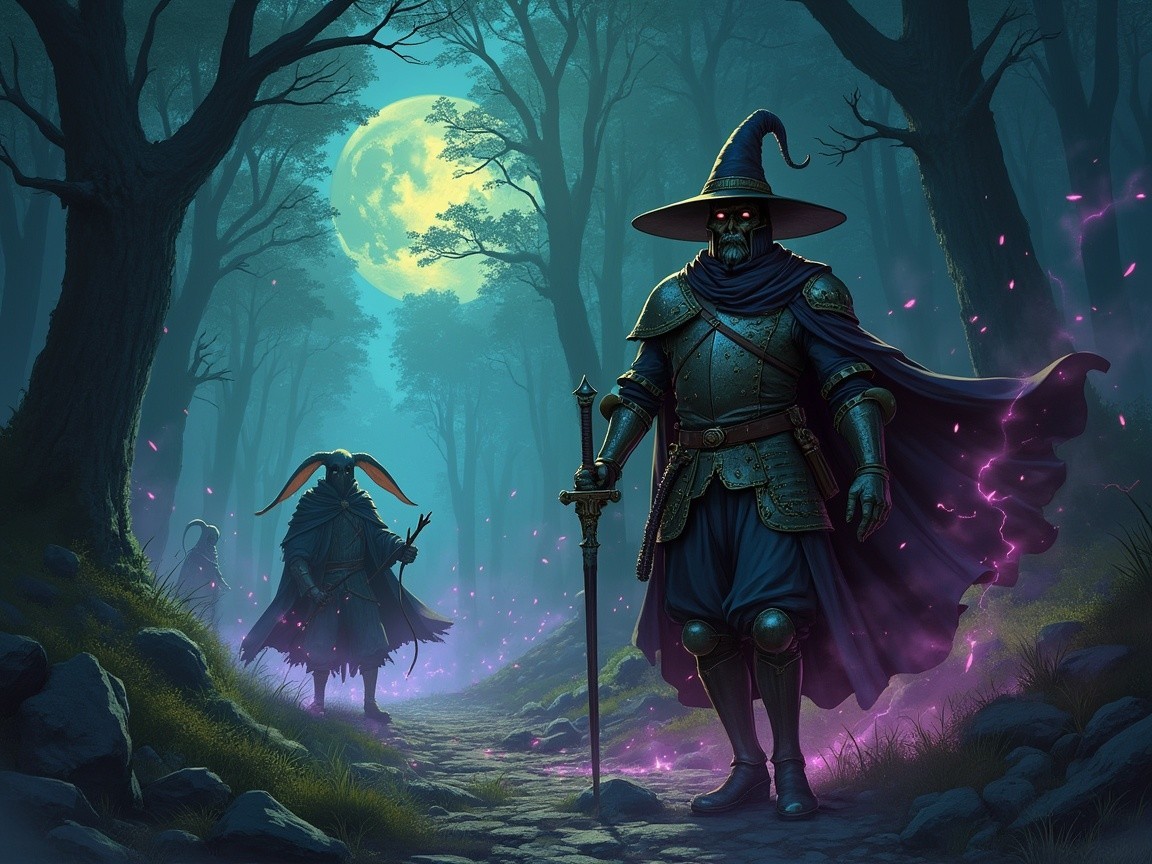 Mystical forest scene with armored figure and glowing sword