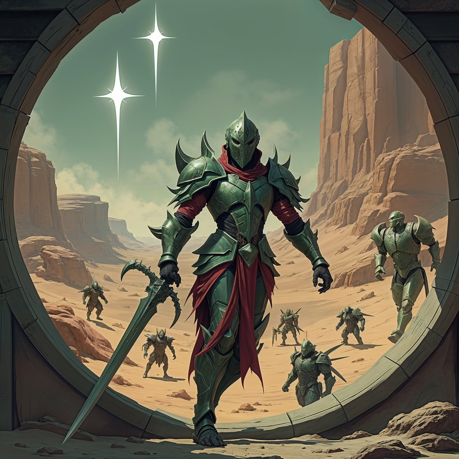 Knight in Green Armor at Circular Doorway in Desert