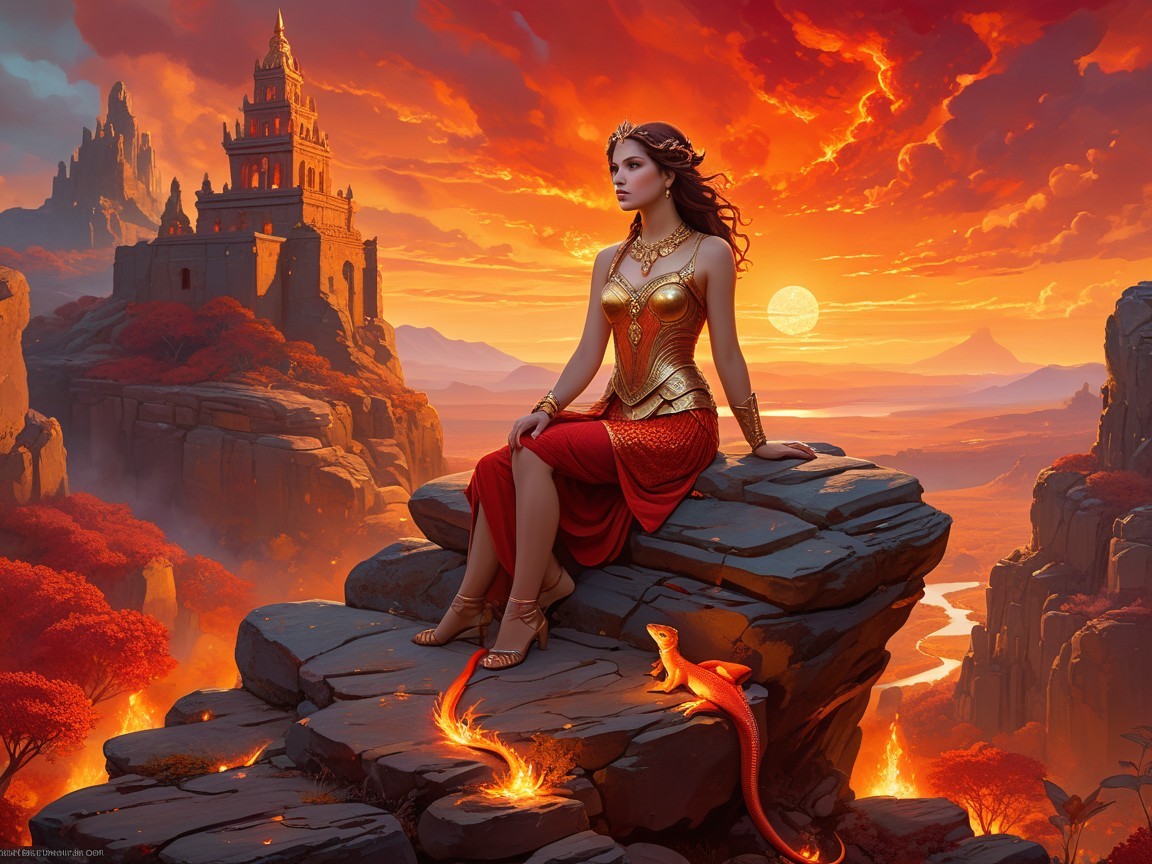 Regal figure in golden armor against sunset landscape