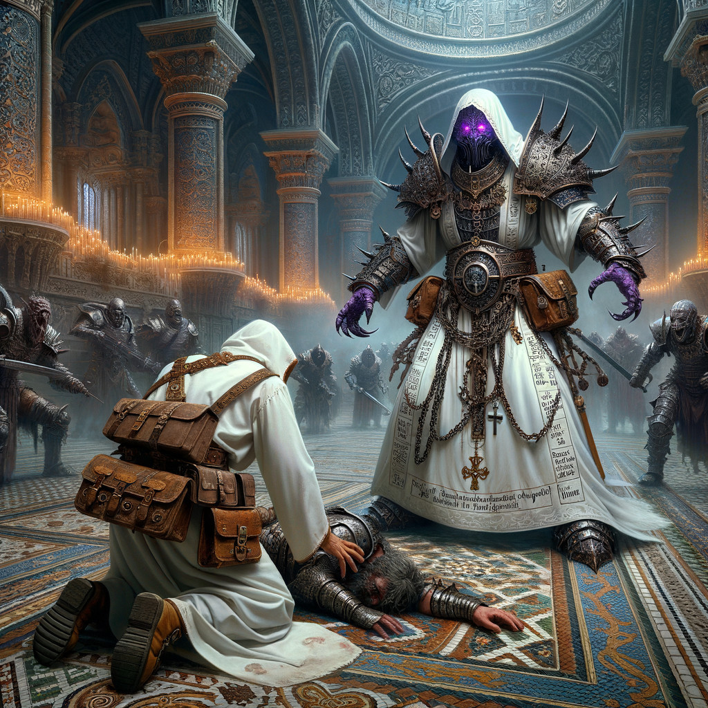 Cloaked Figure and Armored Being in Dim Cathedral Scene