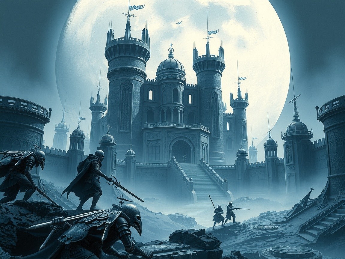 Mystical Castle Under Full Moon with Shadowy Figures