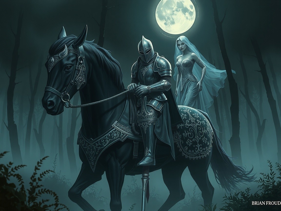 Knight on Horse with Ghostly Woman in Enchanted Forest