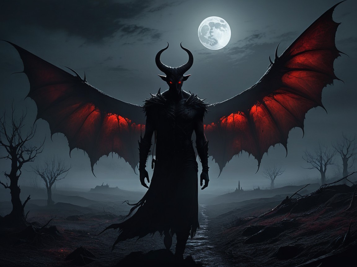 Ominous Figure with Bat Wings Under Full Moon