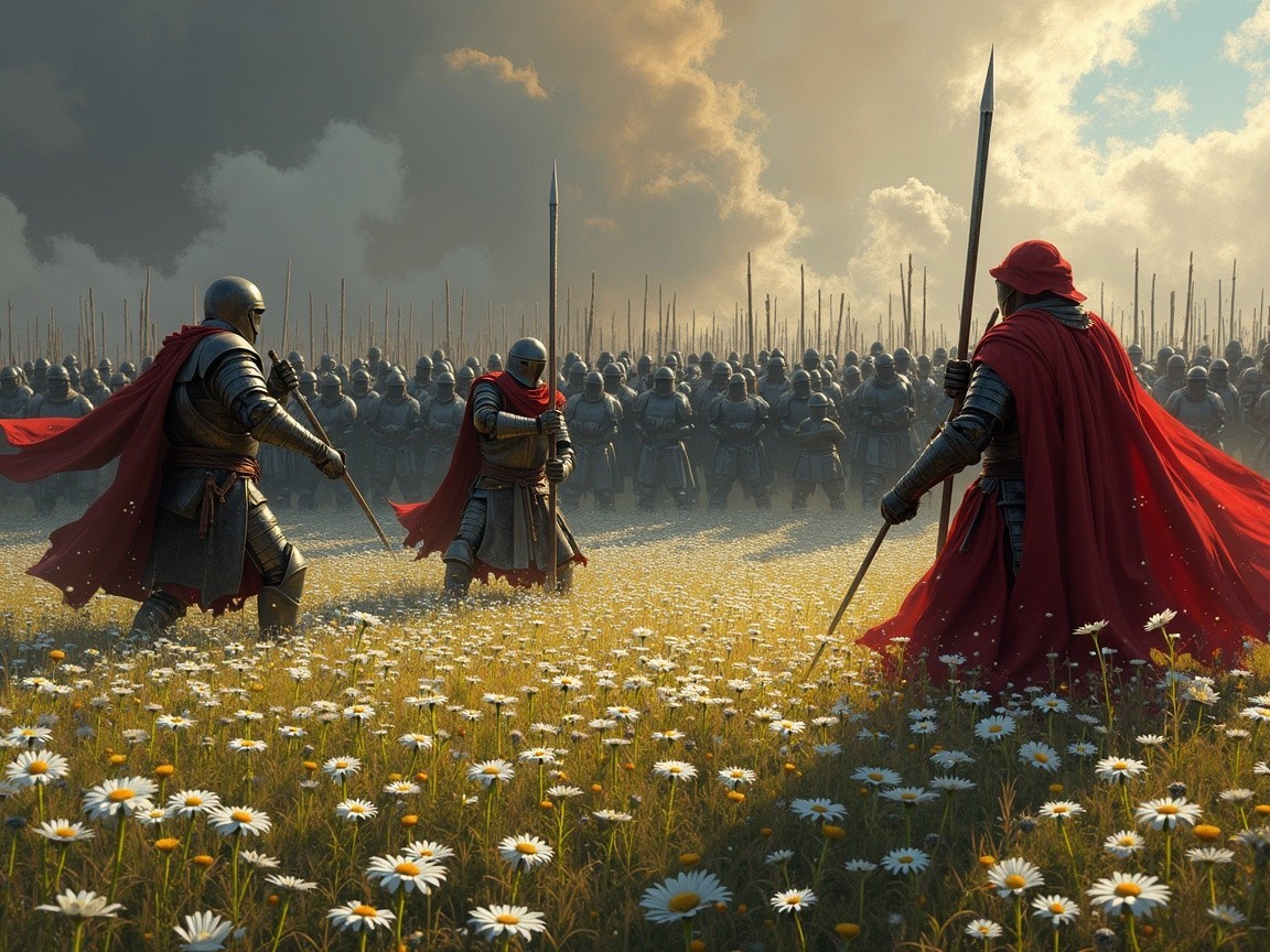 Knights in Armor Prepare for Battle in Daisy Field