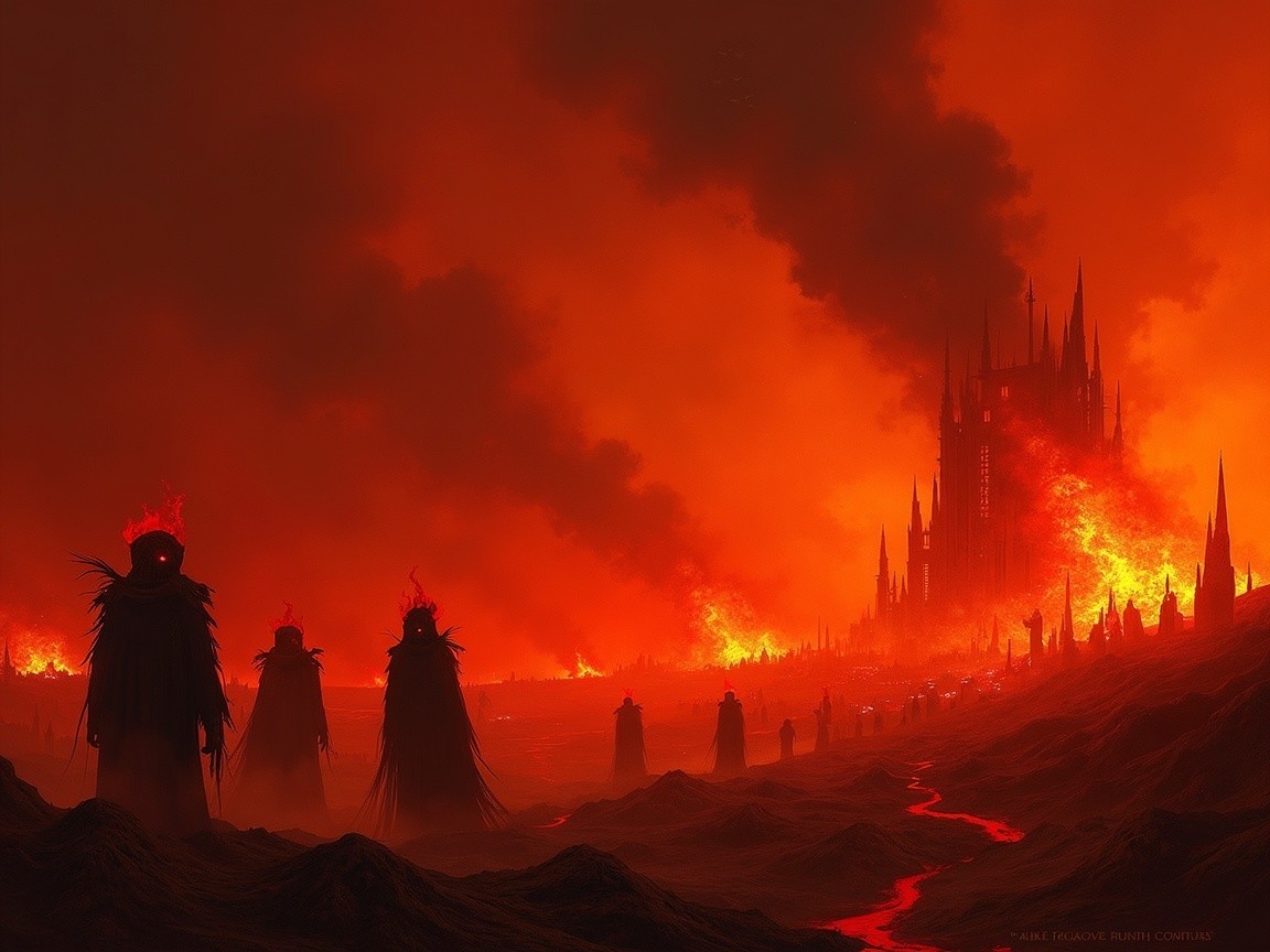 Haunting Fiery Landscape with Dark Castle and Shadows