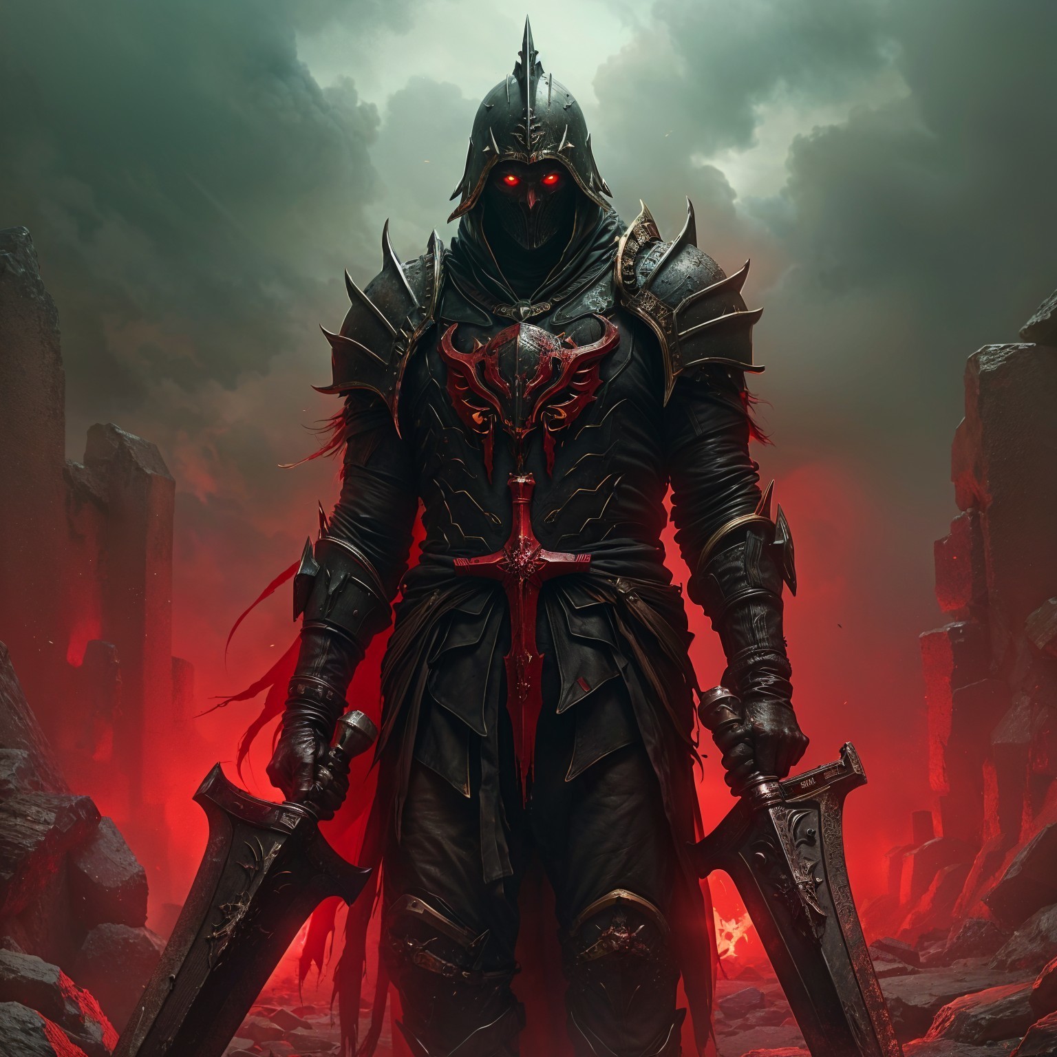 Dark Armored Figure in Eerie Desolate Landscape