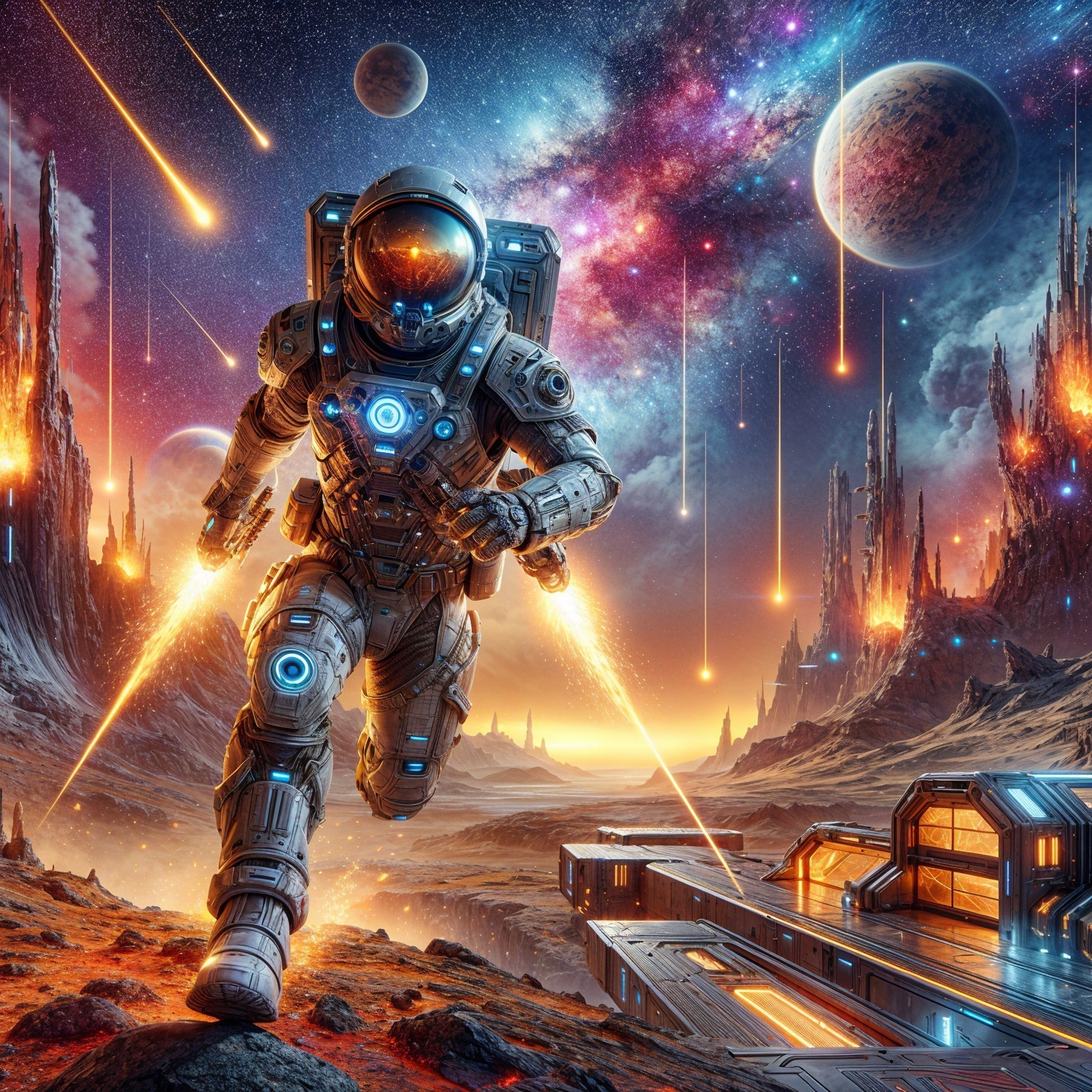 Astronaut in High-Tech Suit on Alien Landscape