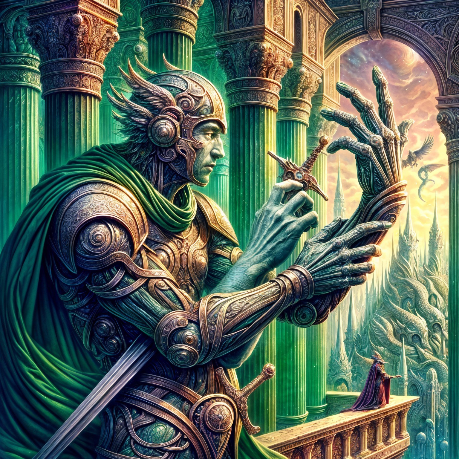 Armored Figure with Sword in Mythical Landscape