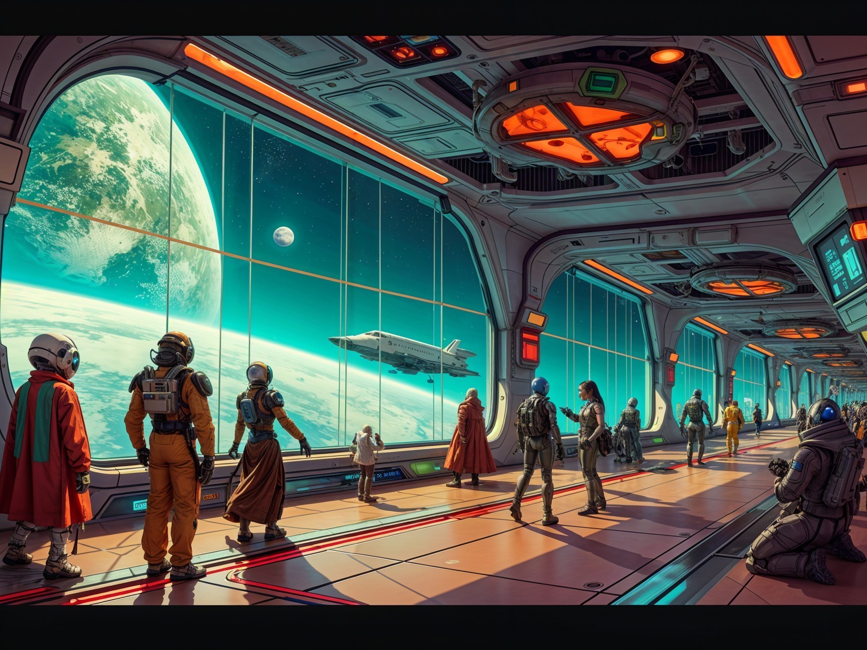 Futuristic Space Station Corridor with Alien Planet View