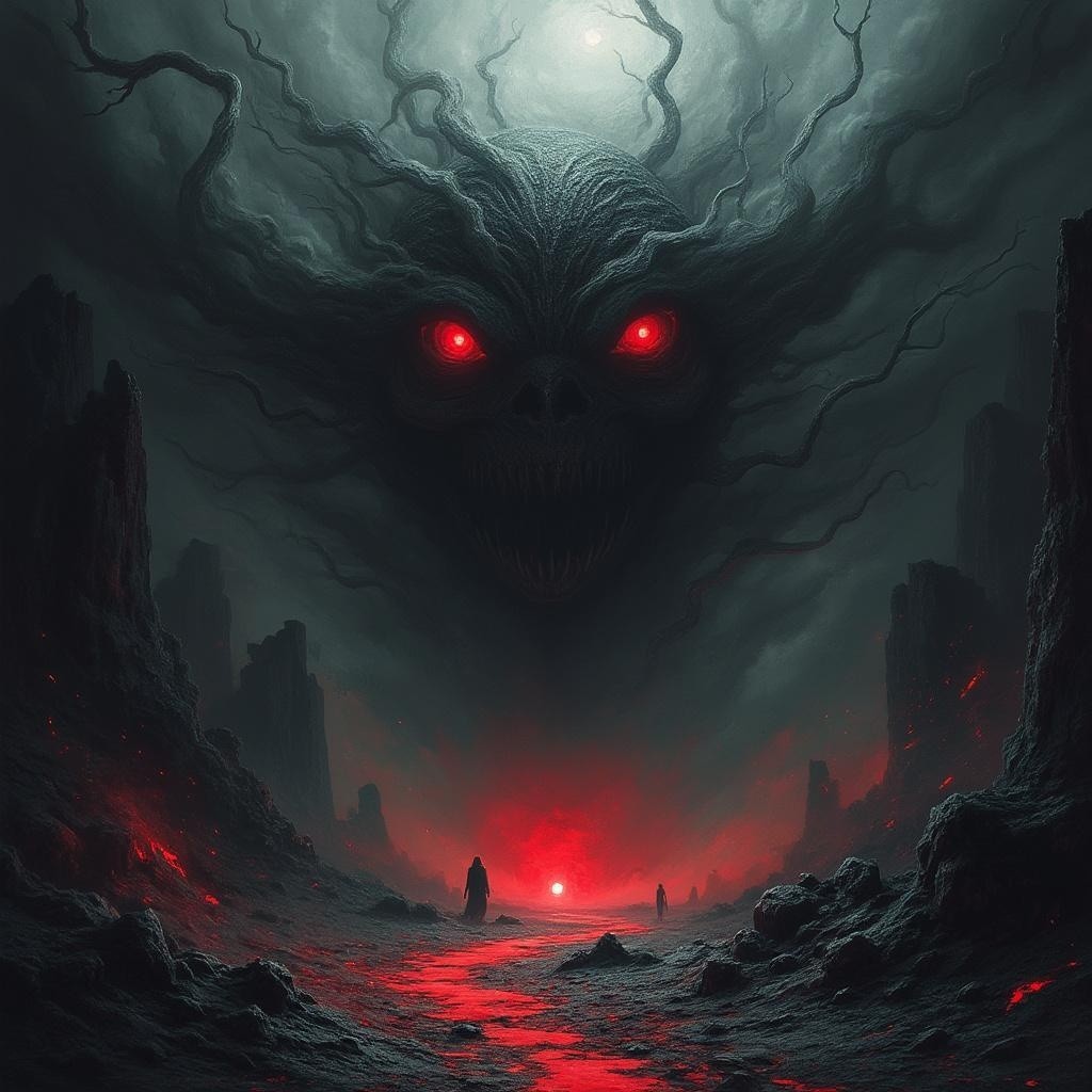 Dark Landscape with Ominous Entity and Shadows