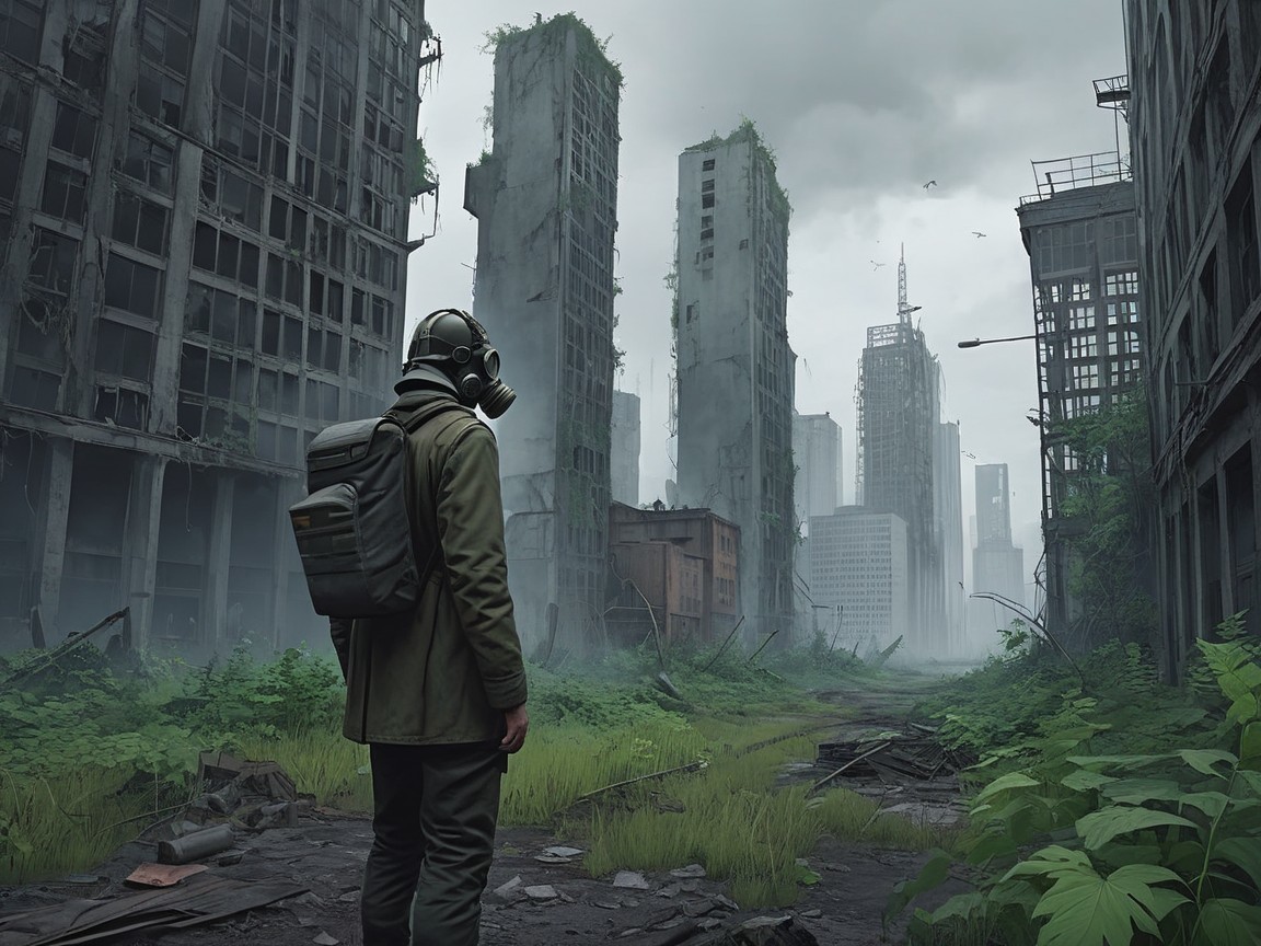 Desolate Urban Landscape with Gas Mask Figure