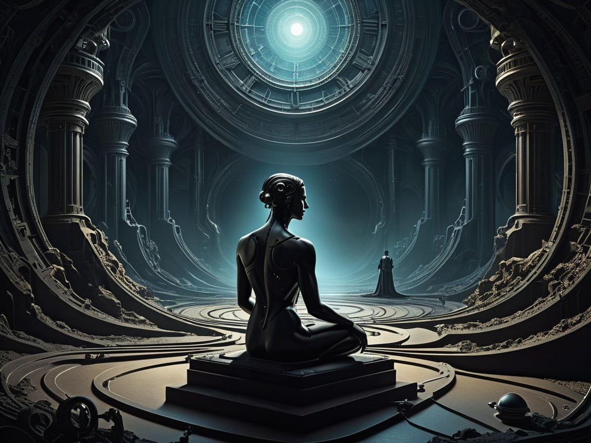 Futuristic Chamber with Humanoid Figure and Patterns