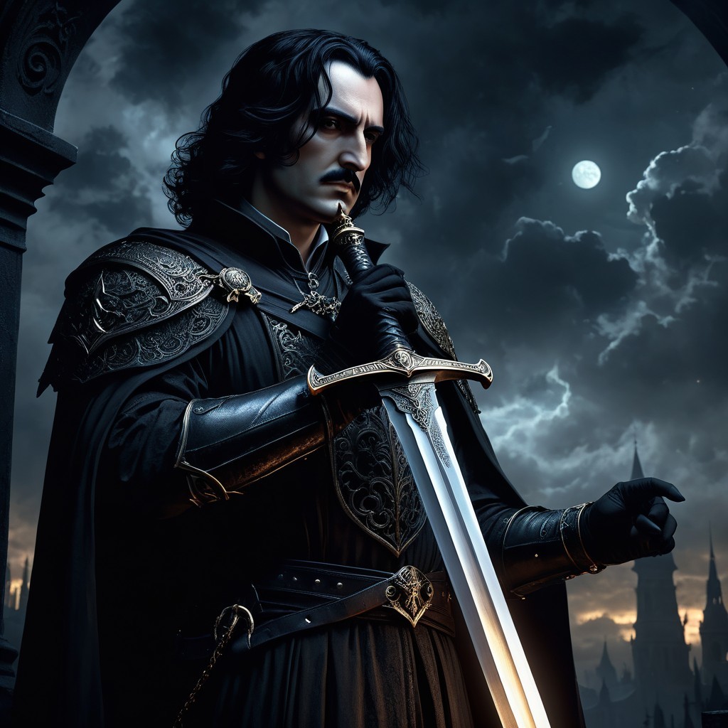 Dark Figure in Elaborate Armor Under Moonlit Sky