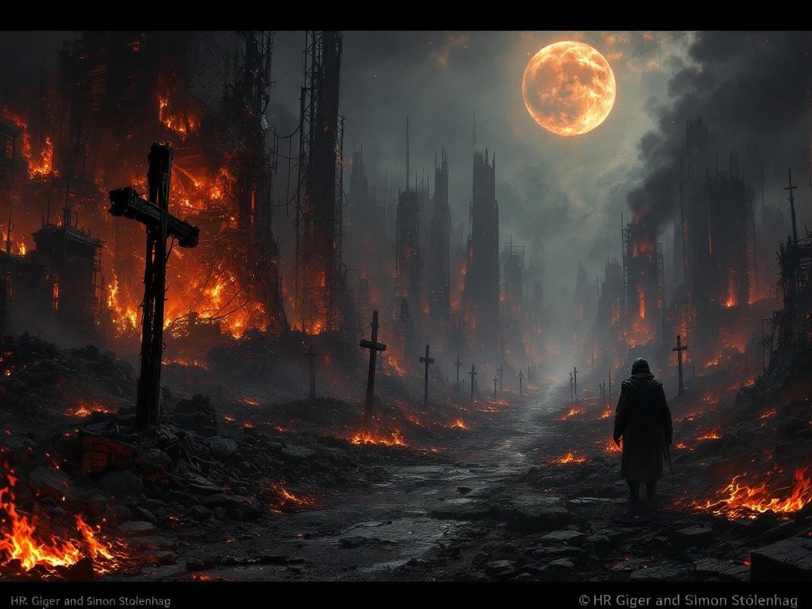 Desolate landscape with flames, smoke, and ruins
