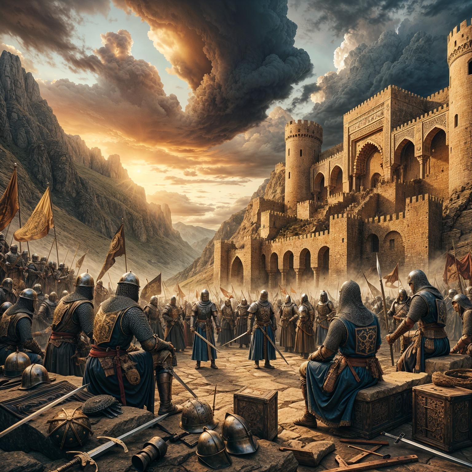 Armored Knights Gather Before Medieval Fortress at Sunset