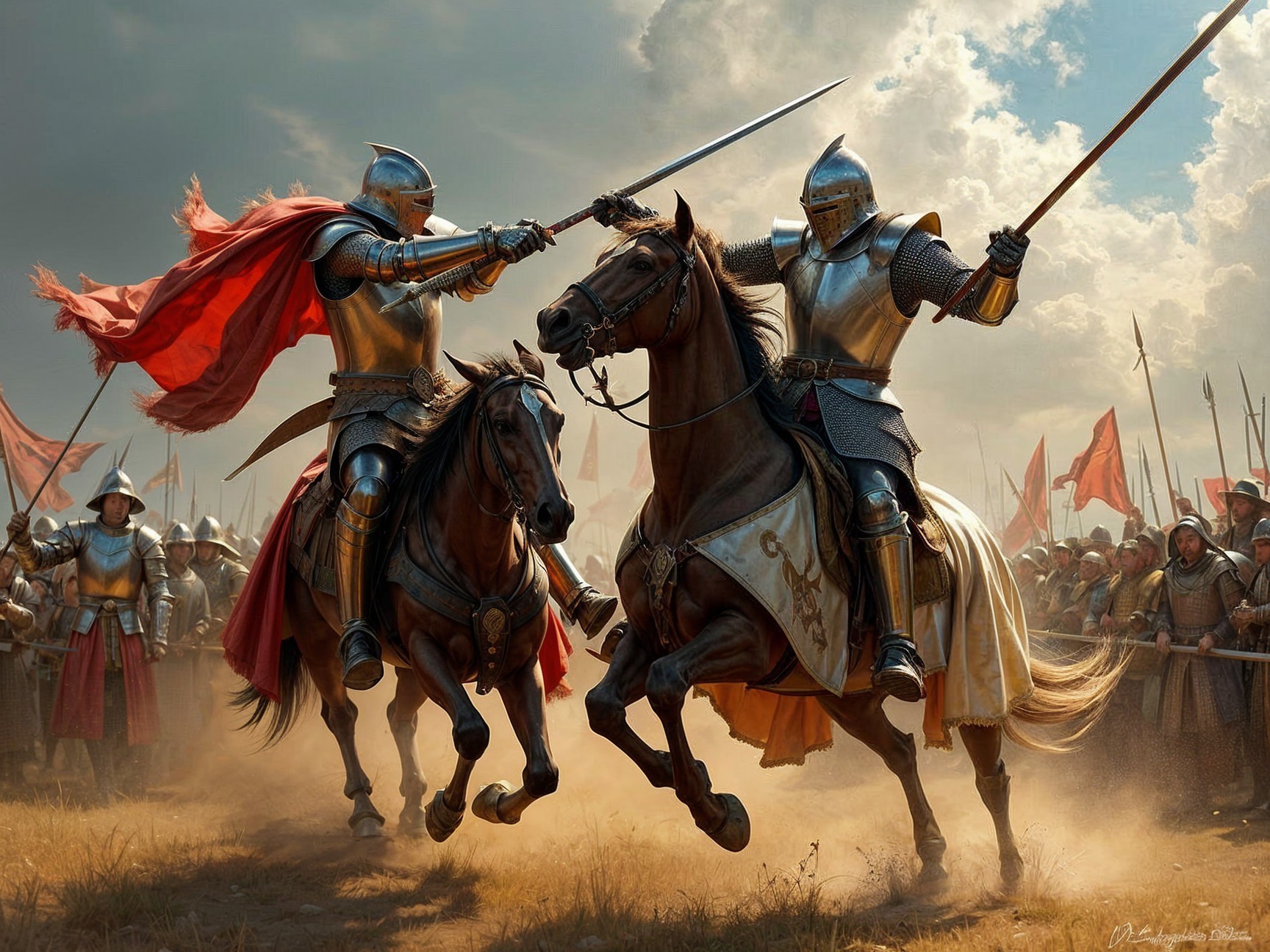Knights in Armor Clash on a Battlefield Scene