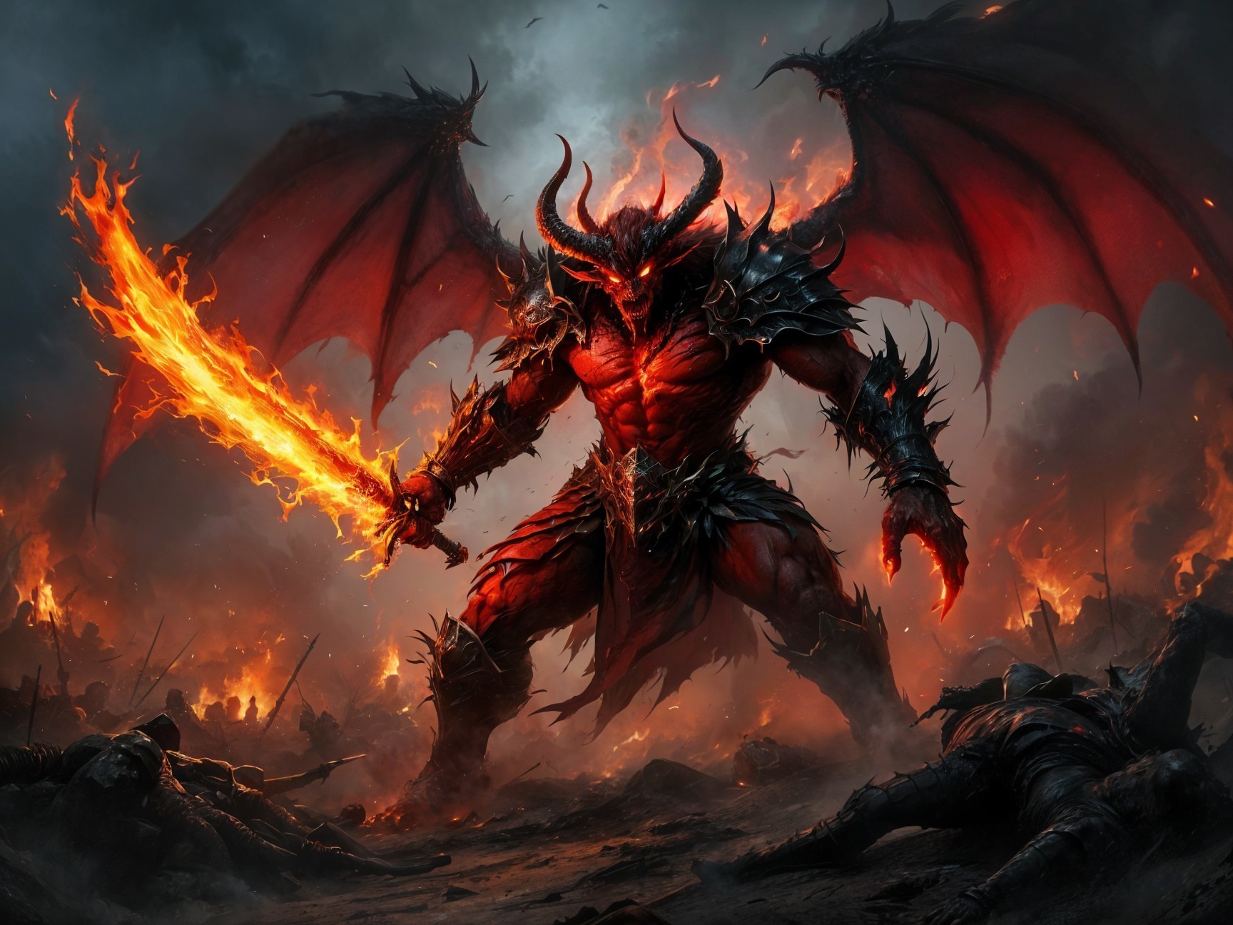 Demon in Spiked Armor on a Fiery Battlefield