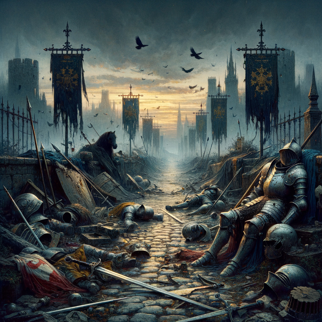 Desolate Medieval Battle Scene with Shadowy Ruins
