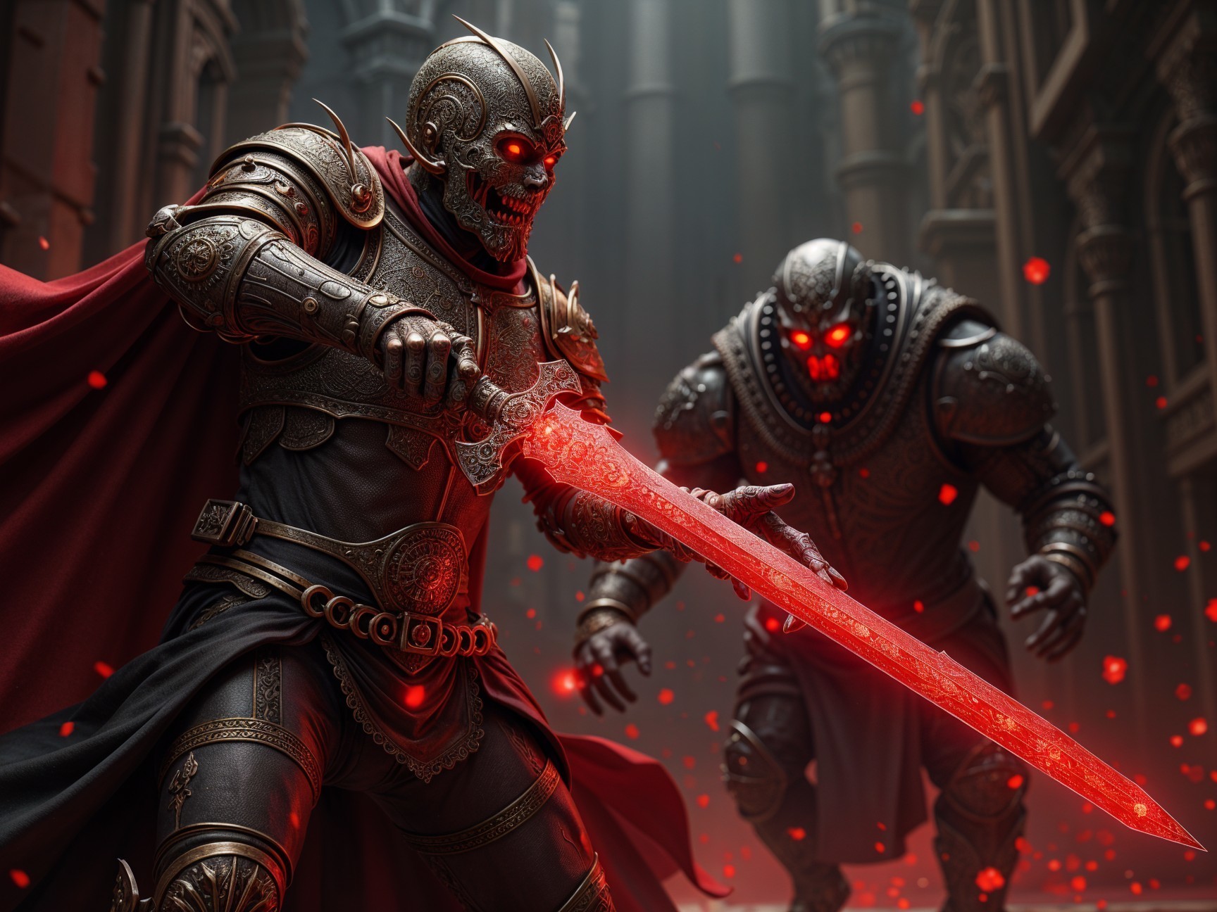 Fierce Warrior with Glowing Sword in Gothic Setting