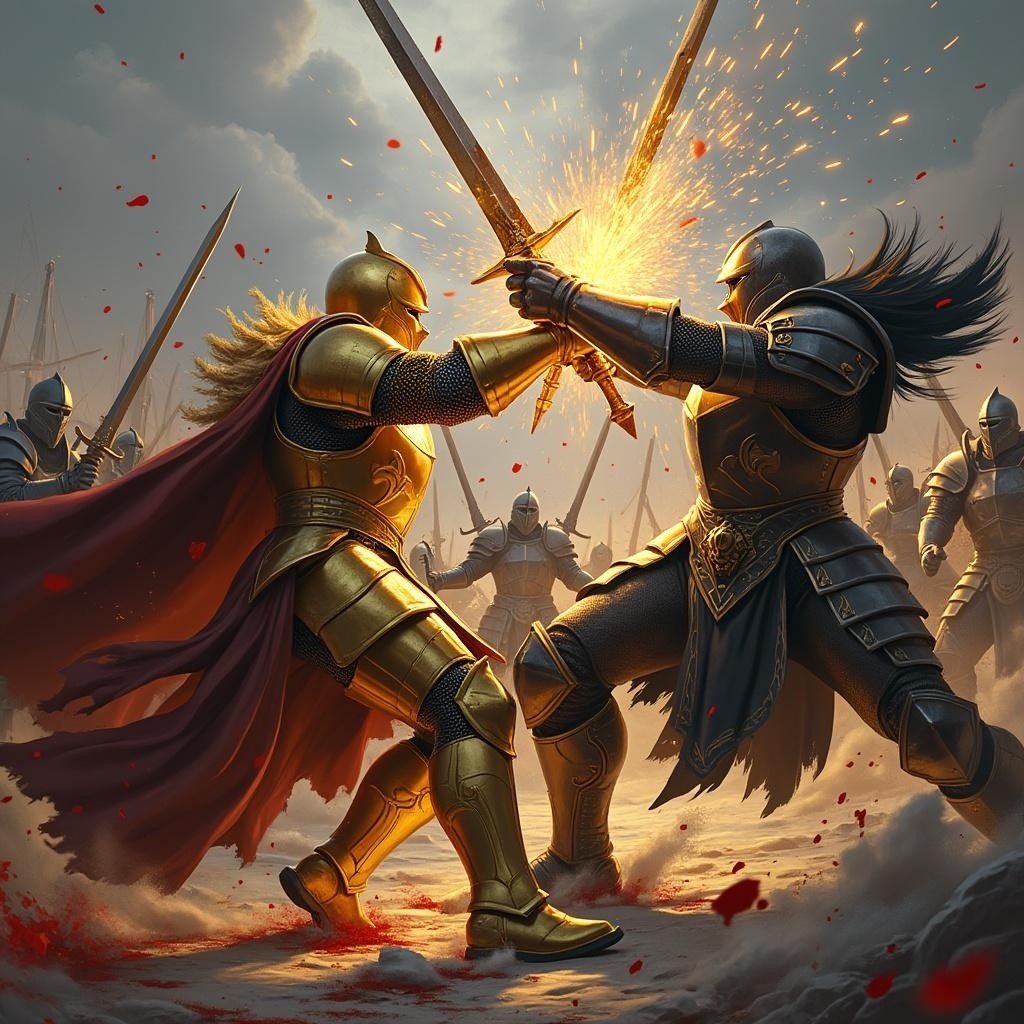 Battlefield Clash of Armored Knights with Sparks Flying