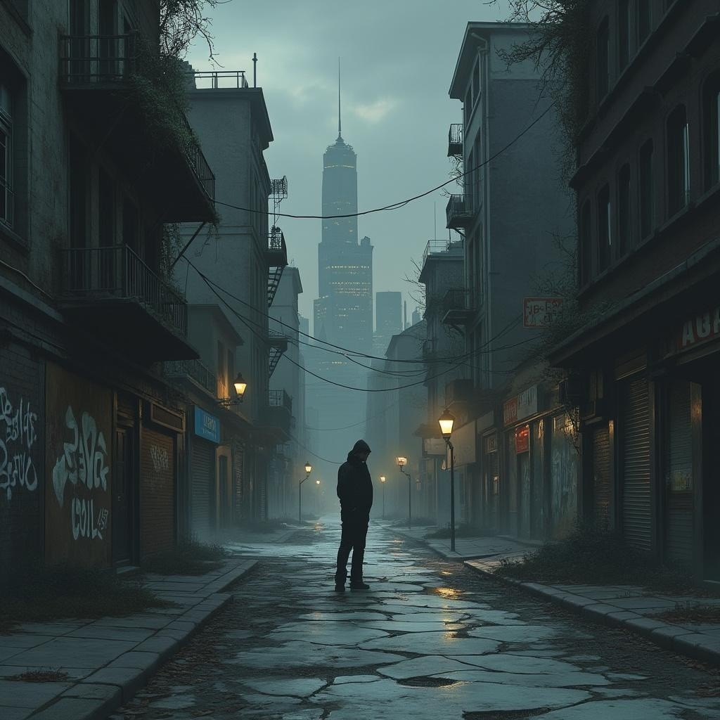 Mysterious Figure in Foggy Urban Street Scene