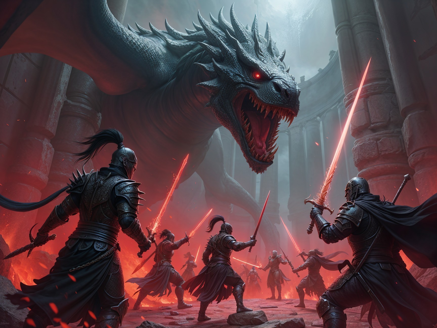 Dragon Confrontation in an Ancient Chamber