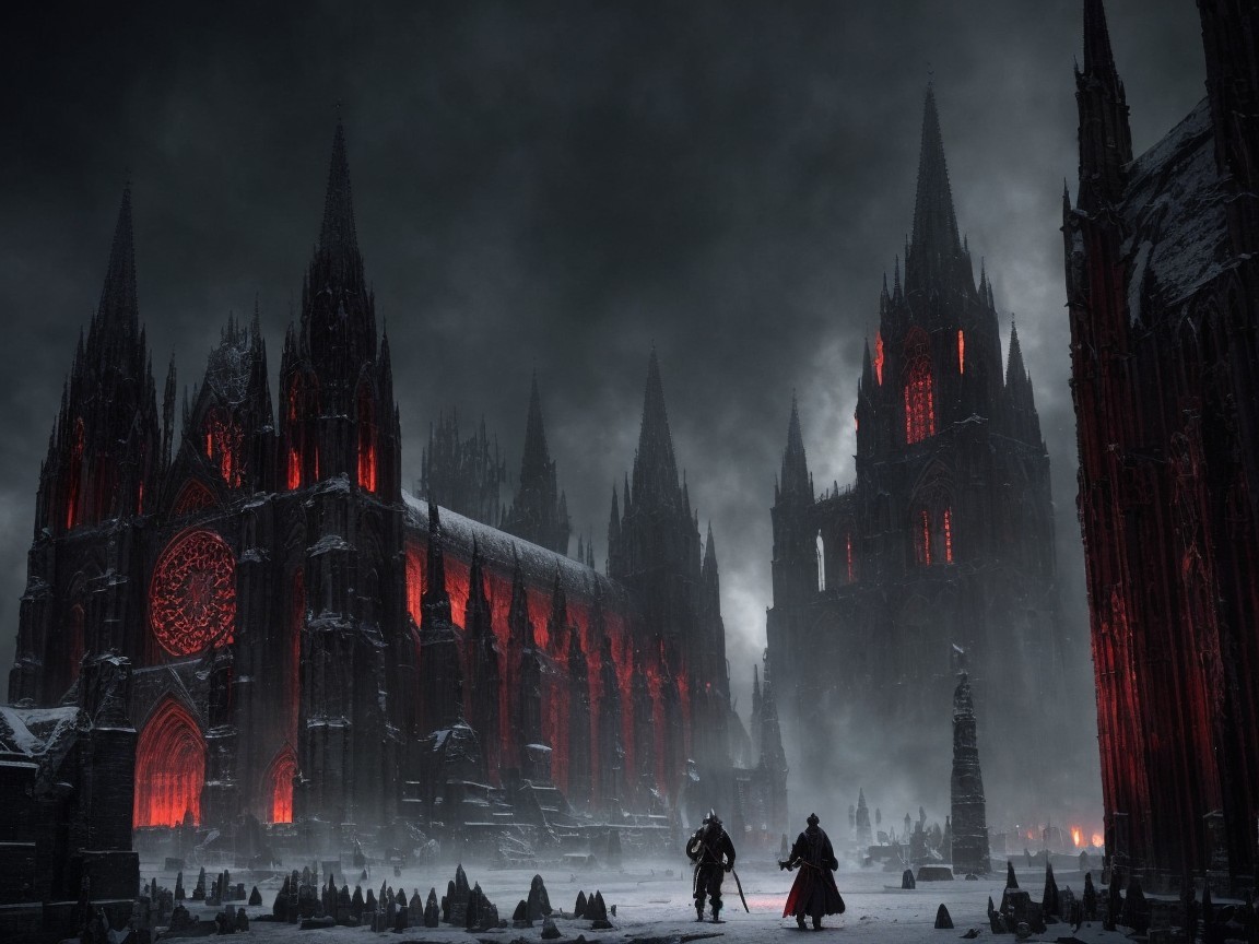 Gothic Landscape with Towering Spires and Fog