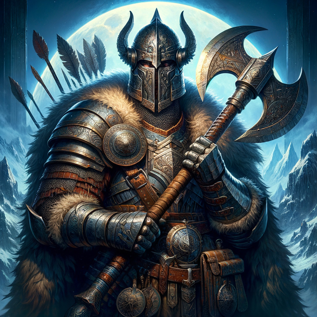 Warrior in Rugged Armor with Axe and Staff in Snowy Scene