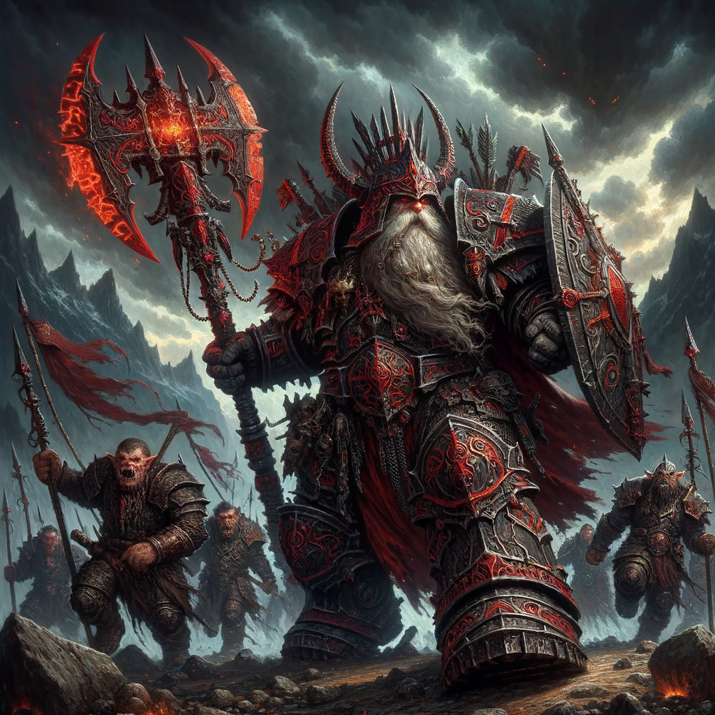 Warrior in Spiked Armor with Ominous Axe and Army
