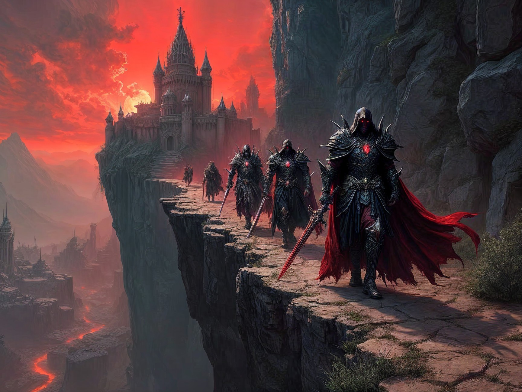 Armored Warriors Marching on Cliff with Castle Background