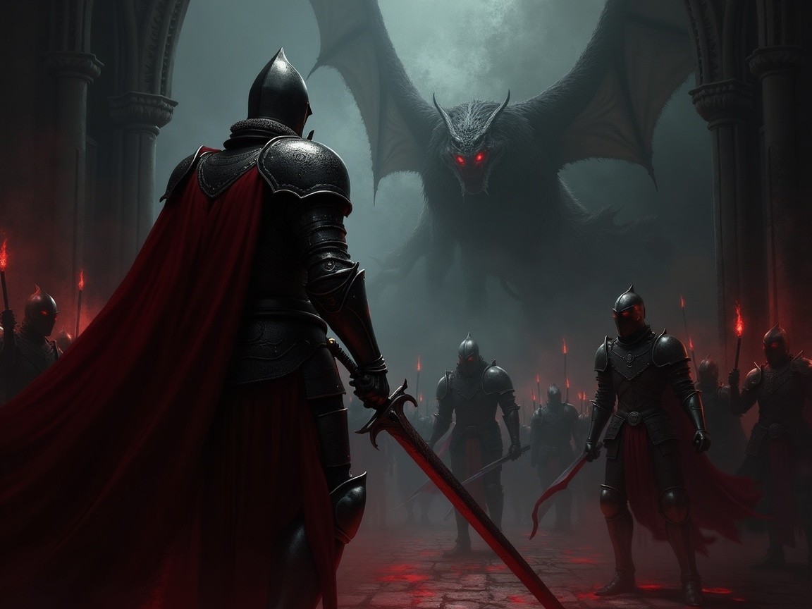 Knight Confronts Dragon in Dark Atmospheric Setting