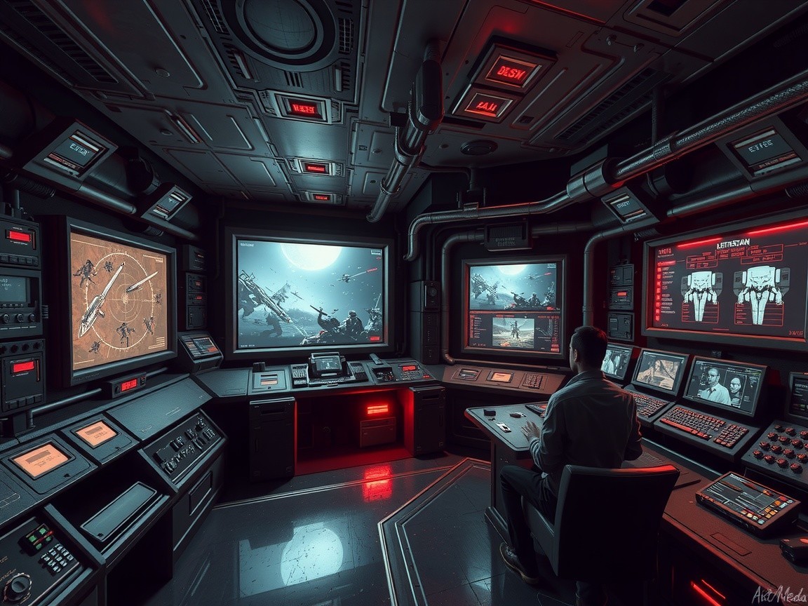 High-tech control room with spacecraft displays and lighting
