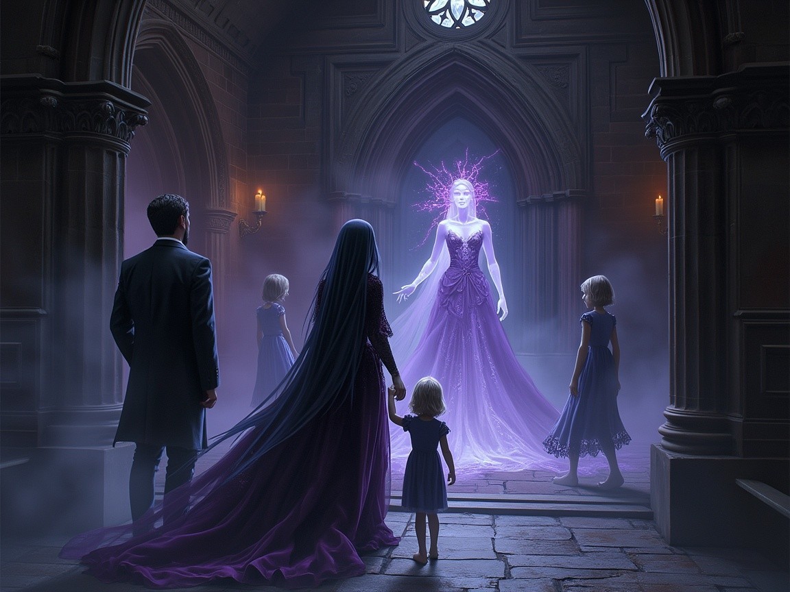 Ethereal Woman in Purple Gown Surrounded by Figures