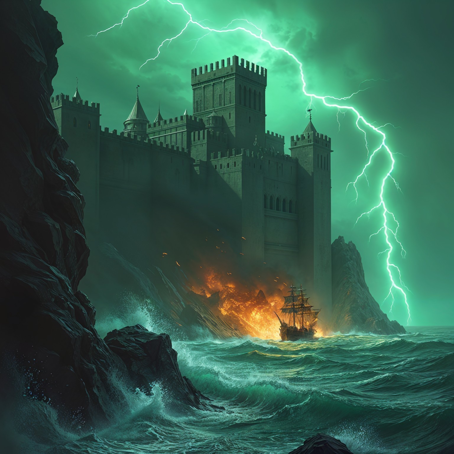 Dramatic Castle Overlooking Stormy Sea and Flames