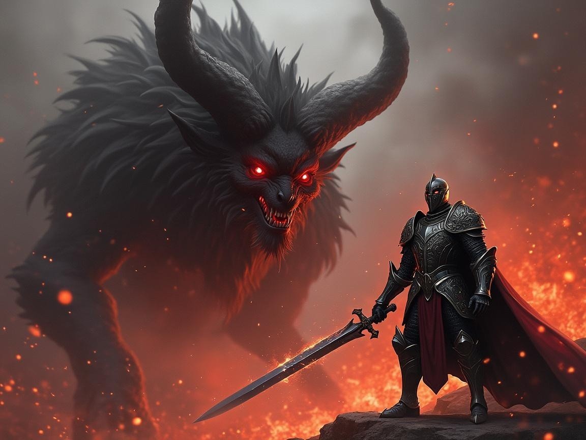 Knight in Armor Faces Shadowy Beast in Fiery Battle