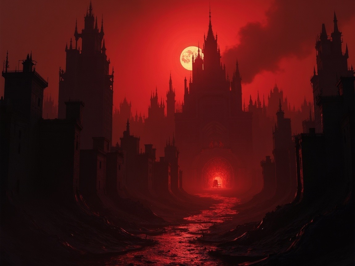 Gothic Landscape with Dark Castles and Red Sky