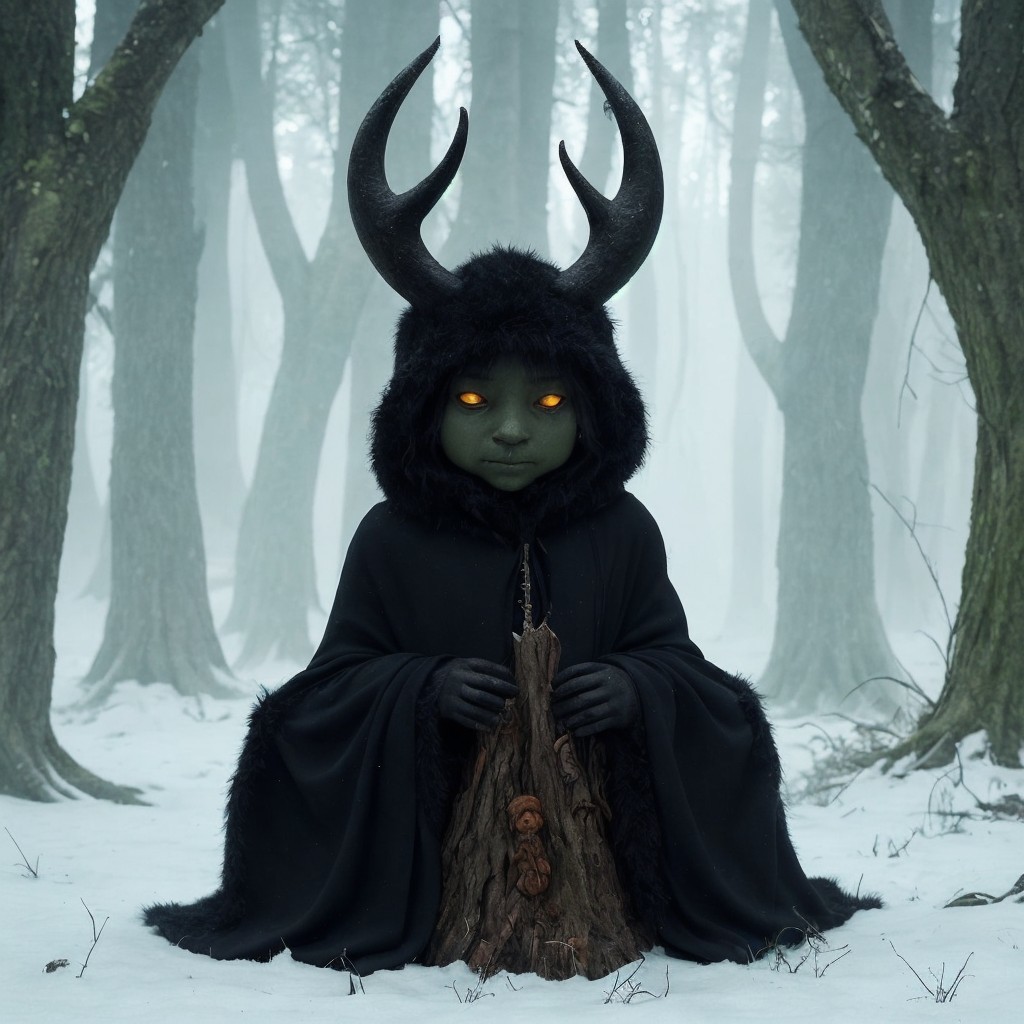 Mysterious Figure in Foggy Forest with Green Skin