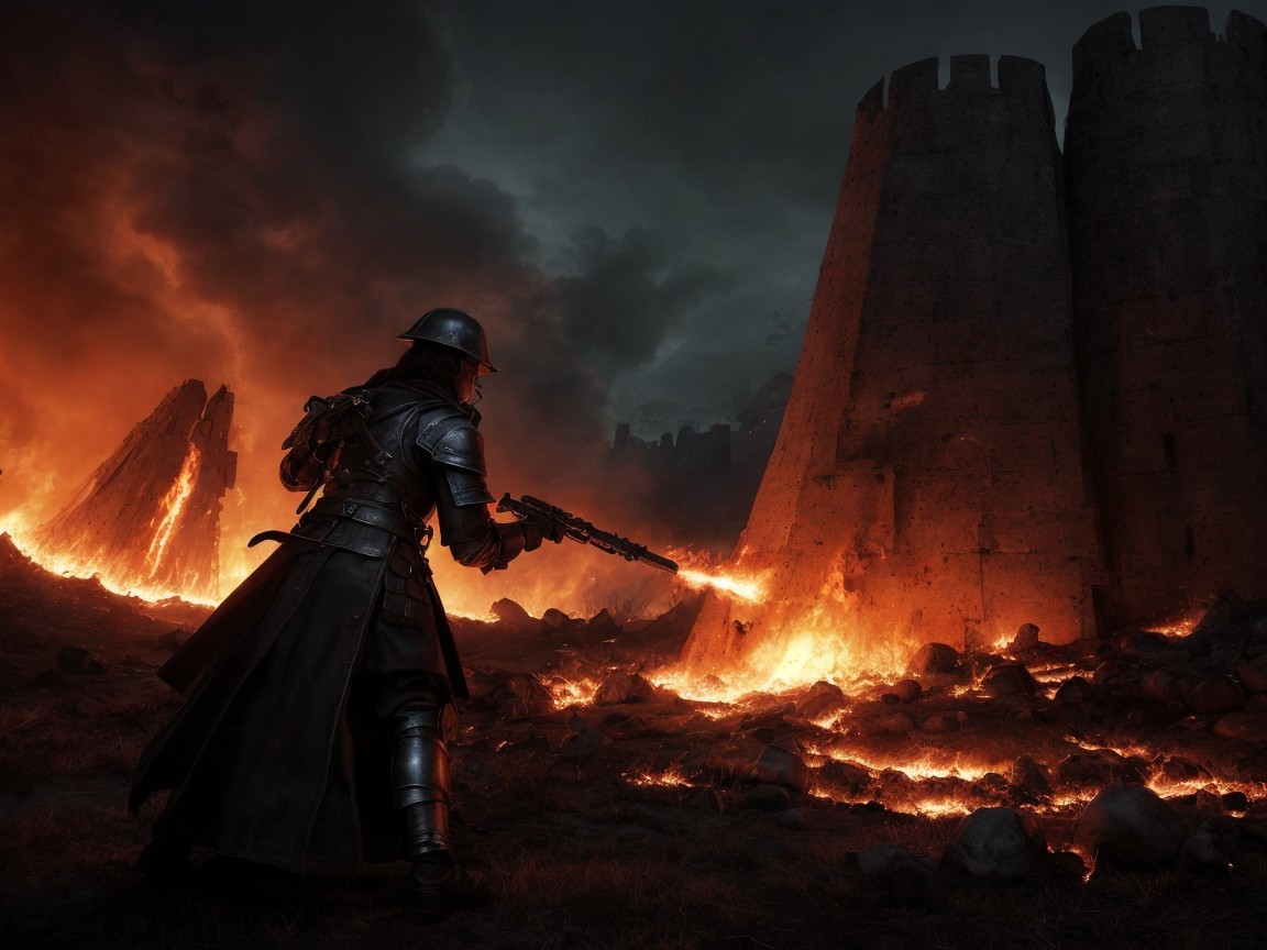 Lone Figure in Fiery Landscape with Futuristic Weapon