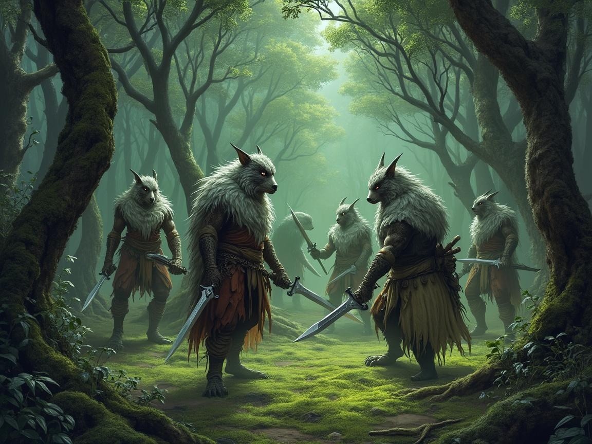 Mystical Forest Creatures with Wolf Heads and Swords